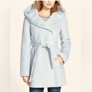 GUESS Soft Blue Wool Double Breasted Coat with Hood Belted/Baby blue Pea Coat XL
